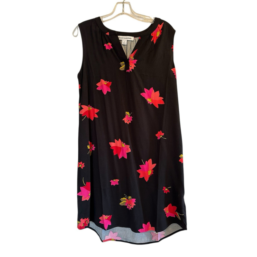 Amazon Essentials Sleeveless Shift Dress Womens Medium Black W/ Pink Flowers NWT